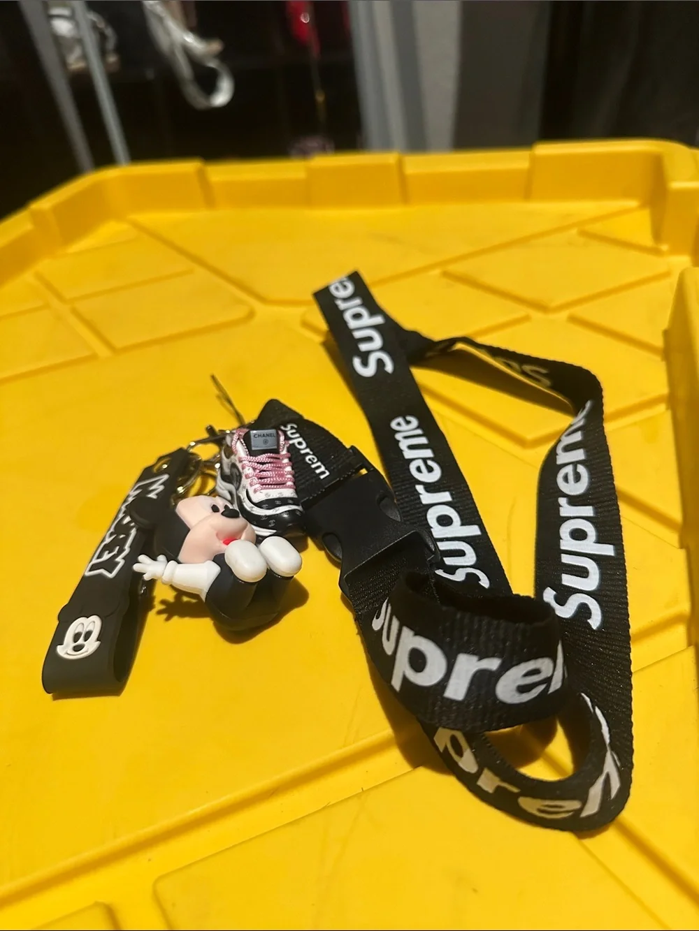 Supreme Black Lanyard with Pink Sneaker & Character Charm & Chanel shoe